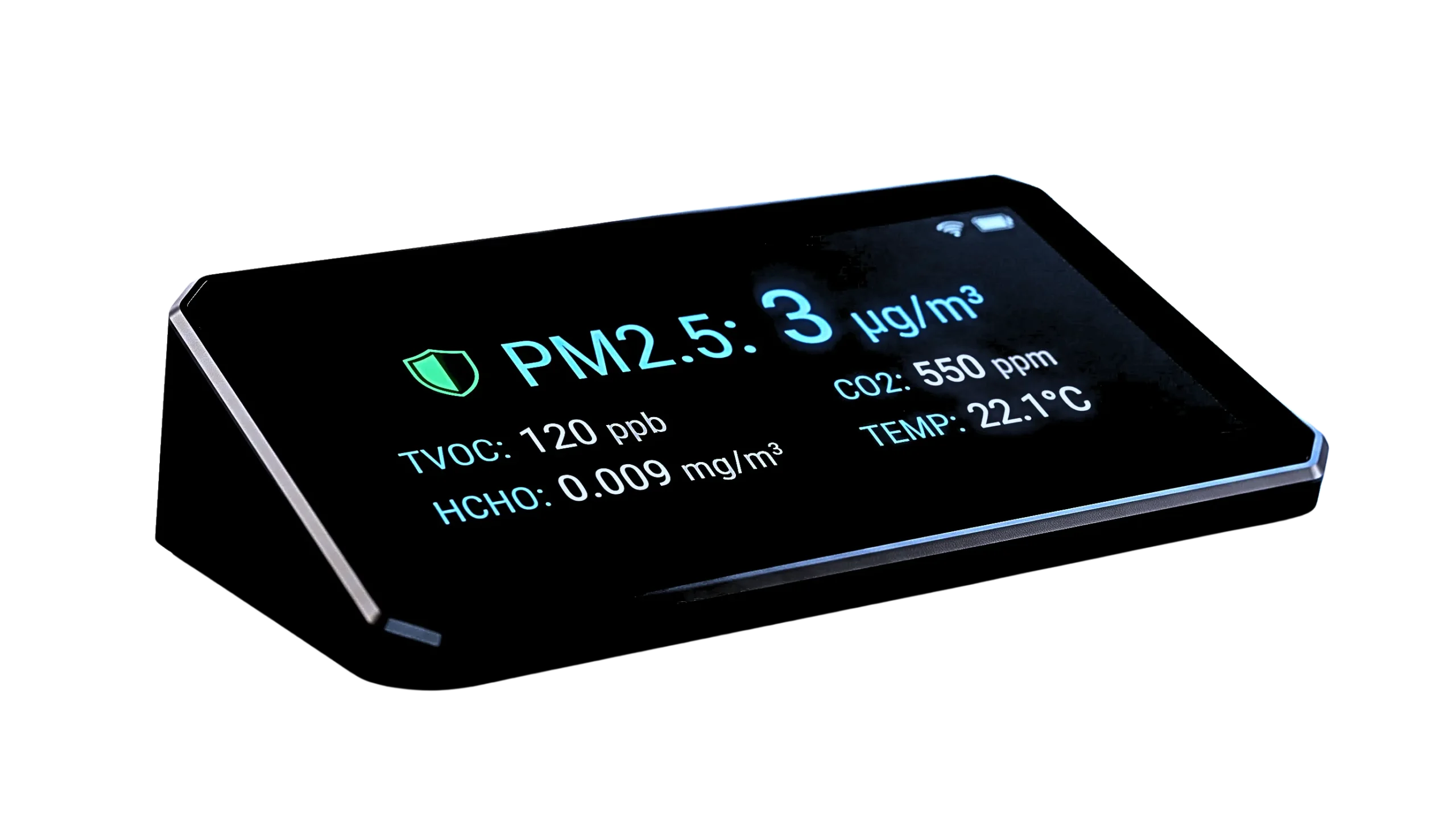 Unbranded high-tech sensor monitoring indoor air quality and PM2.5 levels.
