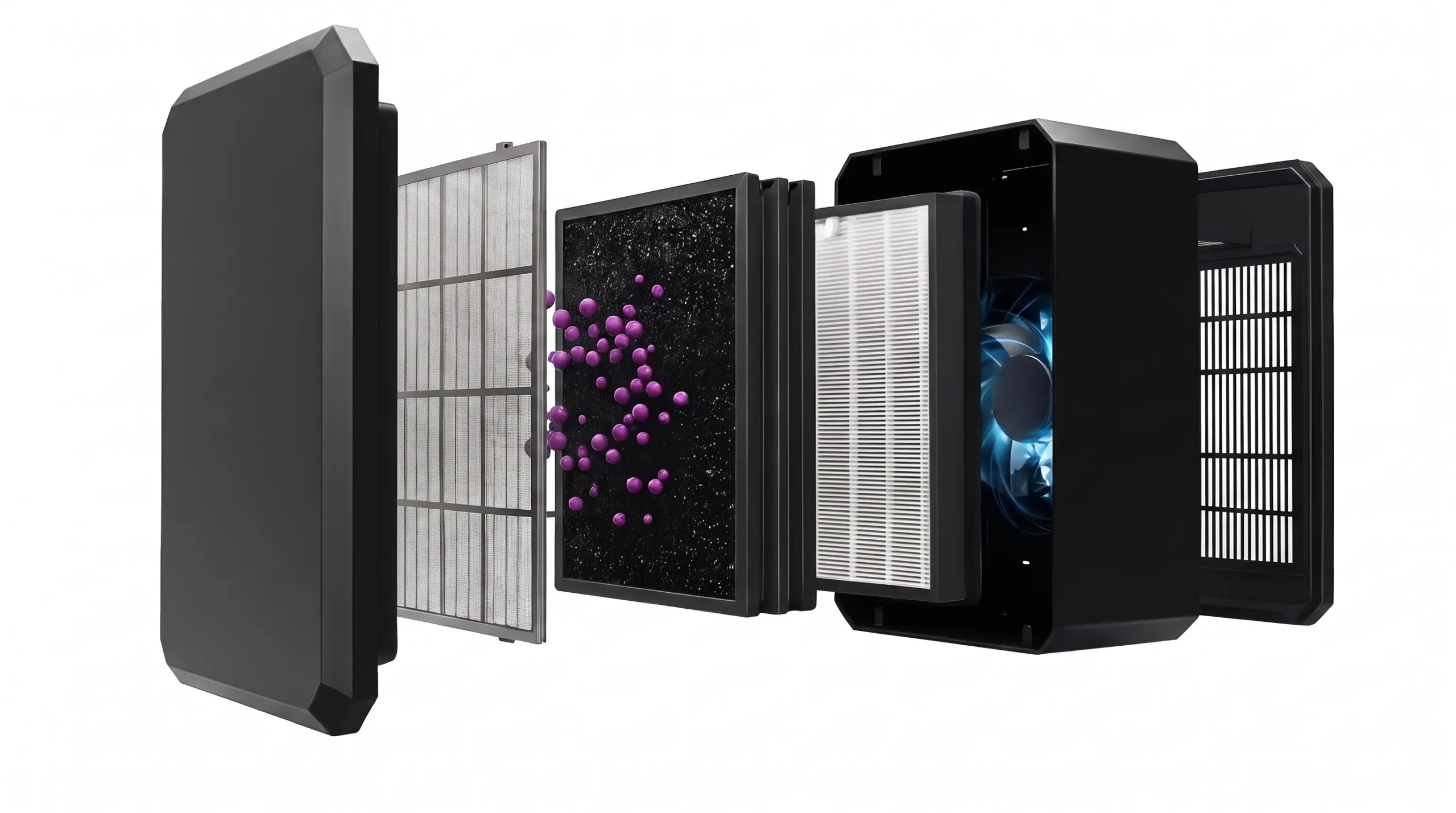 Exploded view of a premium molecular filtration system showing activated carbon and HEPA stages.