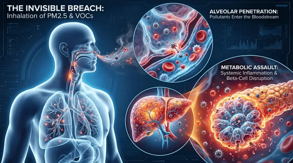 3D medical infographic illustrating how inhaled PM2.5 particles and VOCs cross from the lungs into the bloodstream, triggering systemic inflammation in metabolic organs and driving Type 2 Diabetes.