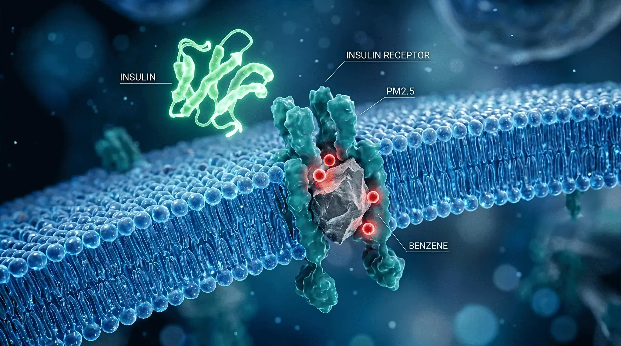 3D medical illustration demonstrating how PM2.5 particles and volatile organic compounds like benzene physically block an insulin receptor, highlighting the biological link between poor indoor air quality, air pollution, and Type 2 Diabetes.